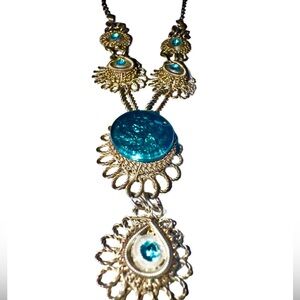 Victorian Boho Chic - Cannetille Silesian Blue Glass Iron & Wireworks Necklace
